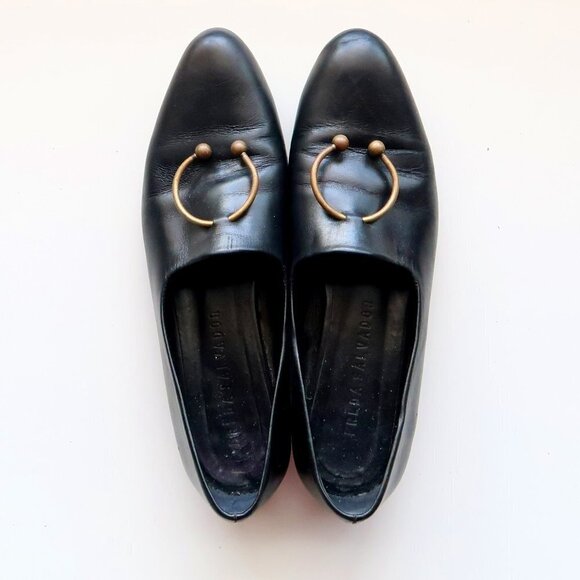Freda Salvador Black Leather Low Heel Loafers Slip-on Shoes with Ring Detail - Picture 5 of 16